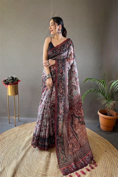 Buy Chatelle Grey Printed Cotton Kalamkari Saree Online - MySilkLove
