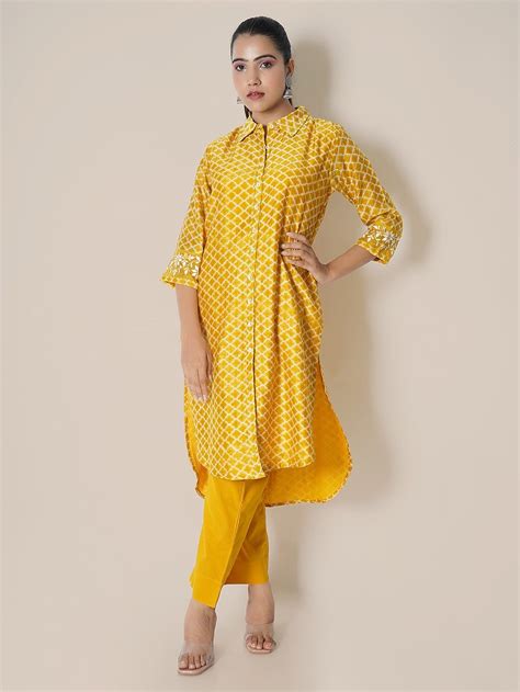 Buy Mustard Yellow Printed Chanderi High Low Kurta with Cotton Pants ...