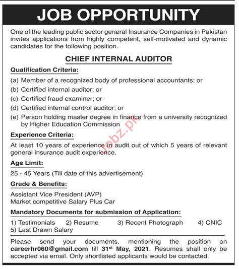Chief Internal Auditor Jobs 2021 in Karachi 2025 Job Advertisement Pakistan