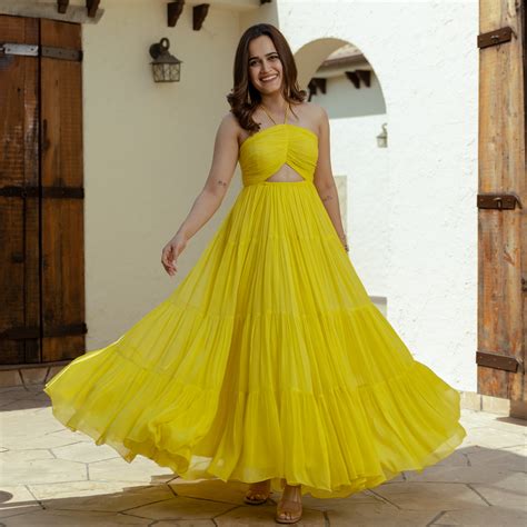 Butterscotch Yellow Long Tiered Dress For Women Online – Ordinaree