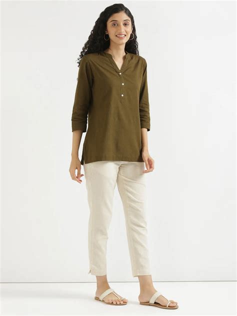 Women Olive Green Airy Linen Short Kurta & Beige Cotton Pant Set