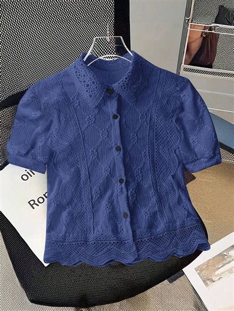 SHEIN Clasi Women's Casual Solid Color Hollow Embroidery Front Button ...