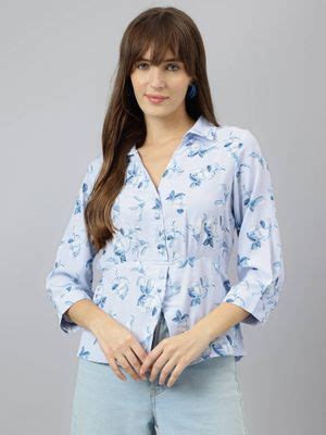 Buy Latin Quarters Women Blue 3/4 Sleeves Spread Collar Floral Shirt (S ...