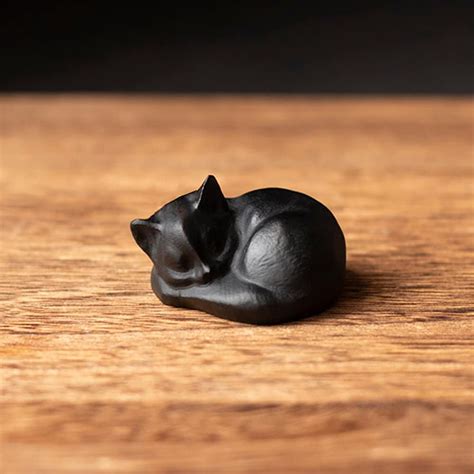 Buy OwMell 2 Natural Black Obsidian Sleeping Cat Statue Hand-Carved ...