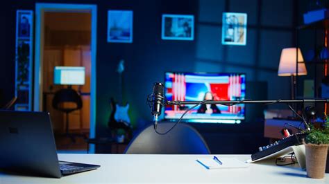 Tv screen showing news broadcast and recording mic in home studio ...