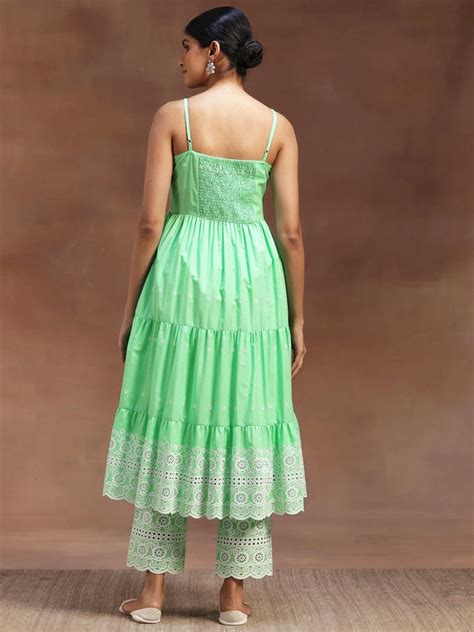 Buy The Kiara Cut Green Self Design Cotton Anarkali Kurta With Trousers ...