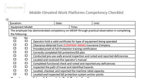 Image result for Elevating Work Platform Checklist