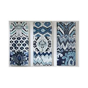 Flourish Ikat Abstract Blue Canvas Wall Art 15X35 3 Piece Multi Panel ...