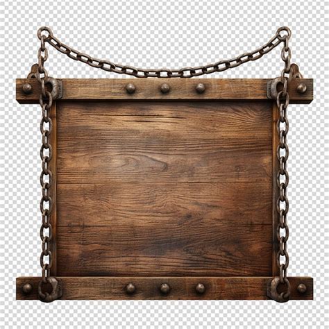 Medieval wooden signboard hanging on chains isolated on transparent ...