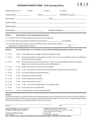 Fillable Online REOPENING REQUEST FORM Early Learning Centers Fax Email ...