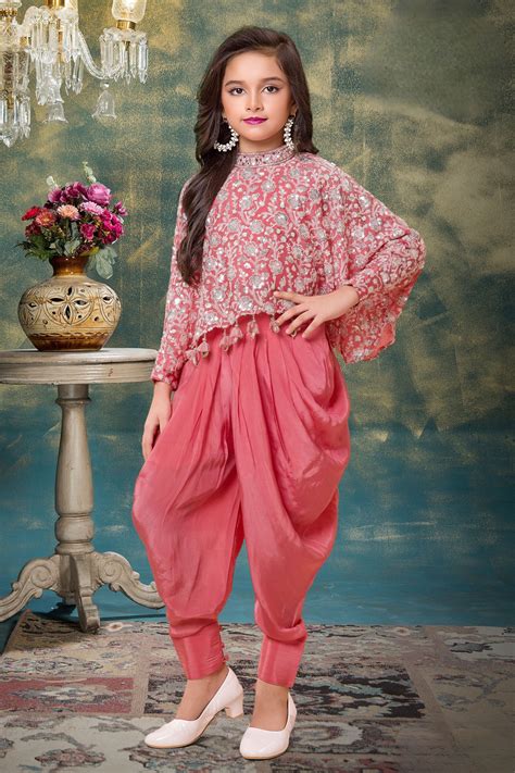Peach Sequins, Thread, Mirror and Stone work Dhoti Style Kaftan Top fo ...