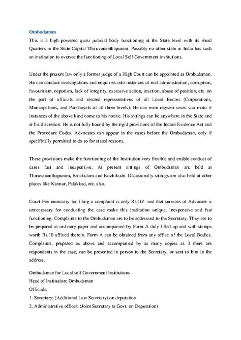 Ombudsman Overview and Key Functions in Local Self Government - Studocu