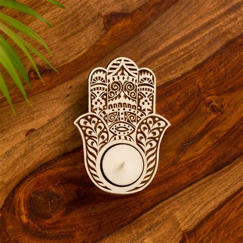 'Radiant Palm' Hand-Carved Block Tea-Light Holder In Sheesham Wood ...