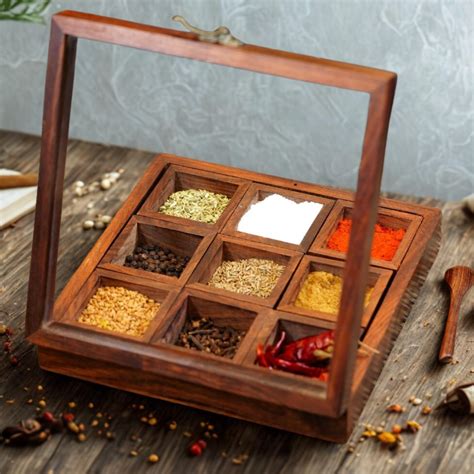 Premium Sheesham Wood Spice Box with Spoon – 9 Masala Containers – Ikkasa