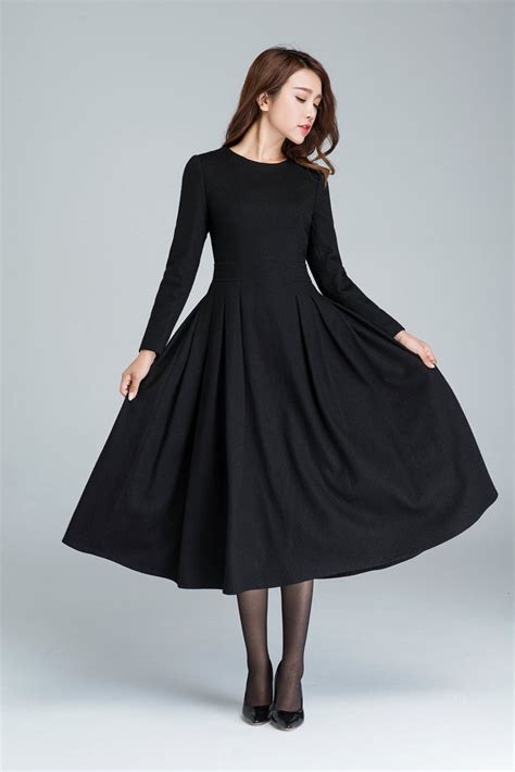 Long Black Dress, Wool Dress, Winter Dress, Long Women Dresses, Pleated ...