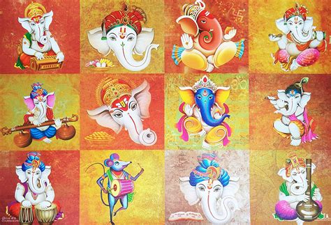 Beautiful Modern 12 Ganesha in one Poster Religious Poster 12in X 18in ...