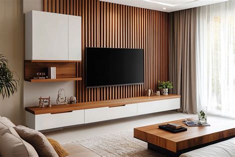 Contemporary TV Unit Design with Mixed White and Wood Finishes