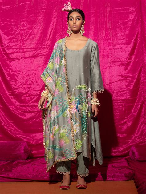 Purple Hand Embroidered Chanderi Silk Printed Suit- Set of 3