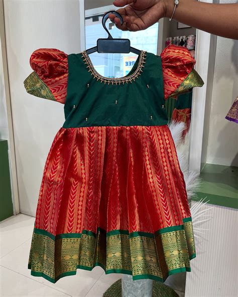 Red and Dark Green - Traditional Premium Semi Kanchipattu Frock ...