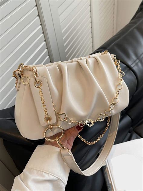 CONTAINEVERY Fashionable Moire Chain Decor Ruched Bag Classic Carryalls ...