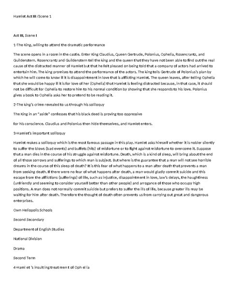 Hamlet Act III summary - Hamlet Act III /Scene 1 Act III, Scene I 1-The ...