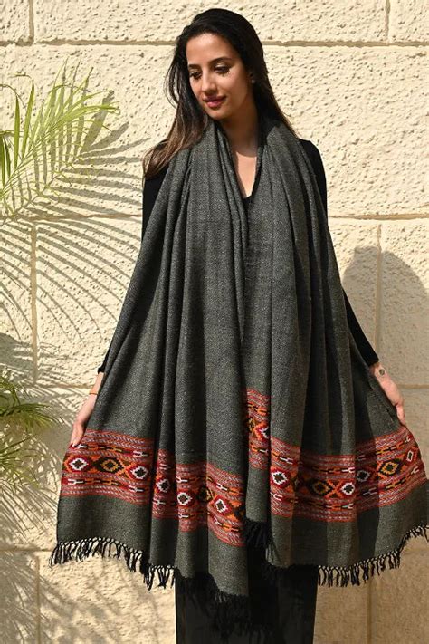 The ICH Exclusive Soft Himachal Wool Shawl With Woven Border - Slate G ...