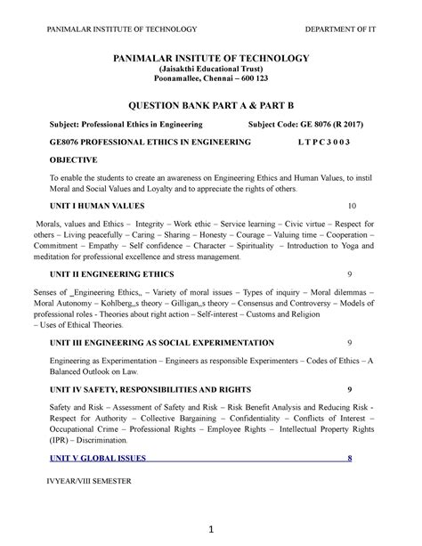 GE8076 Professional Ethics IN Engineering - PANIMALAR INSTITUTE OF ...