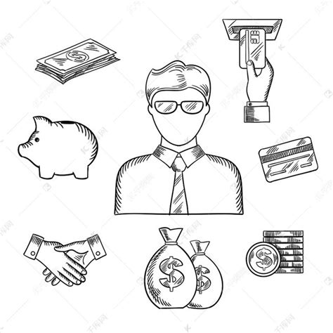 银行家职业素描与经理或文员在眼镜和金融图标，如钱袋，信用卡，握手，存钱罐，美元硬币和钞票，ATM 用手。素材图片免费下载-千库网