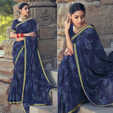 Blue Bandhani Printed With Fancy Border Chiffon Saree