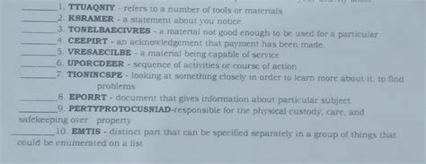 1. TTUAQNTY - refers to a number of tools or materials 2. KSRAMER - a ...