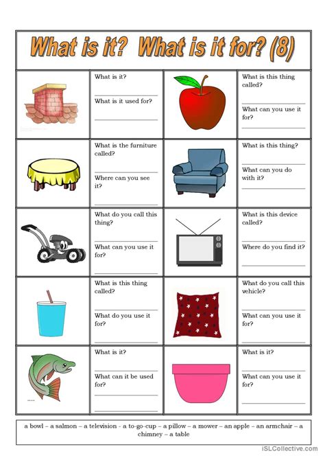 What is it? What is it for for (8) g…: English ESL worksheets pdf & doc