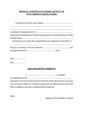 Medical Certificate Under Article 49 Civil Service Regulations - Fill ...