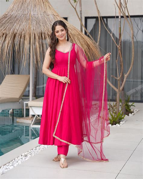 Ruby Pink Color Chanderi Pure Roman Silk Anarkali Suit – Mitval Fashion