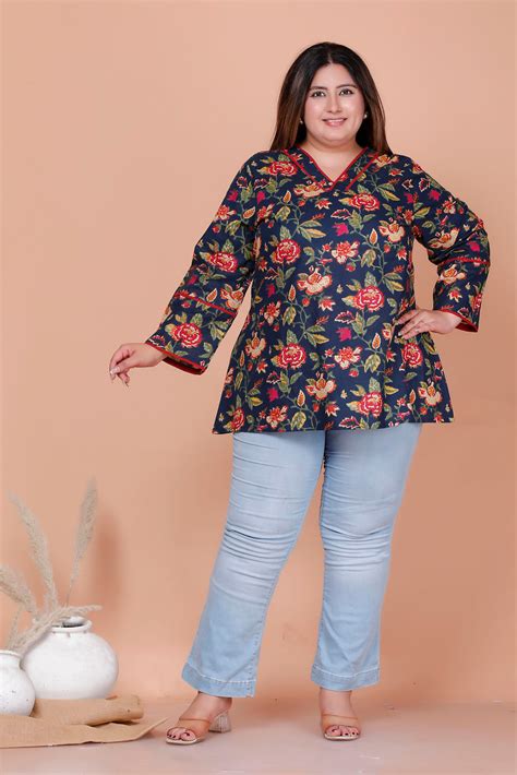 FLORAL VINE PRINT COTTON TOP IN NAVY BLUE COLOUR BY PLUSSIZEKURTI ...