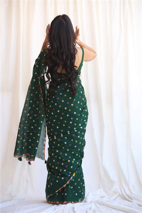 Bottle Green Cotton Saree with Multicolor Hand-Tied Bandhani Pattern ...