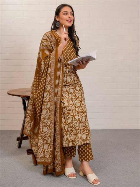Buy Soft Cotton Block Print Flared Rust Orange Kurta, Trousers ...