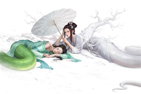 Asian, fantasy art, creature, umbrella, fantasy girl, Lamia, Lady white ...