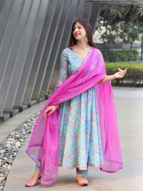 AQUA BLUE COTTON FLORAL SUIT SET – GAYRAA