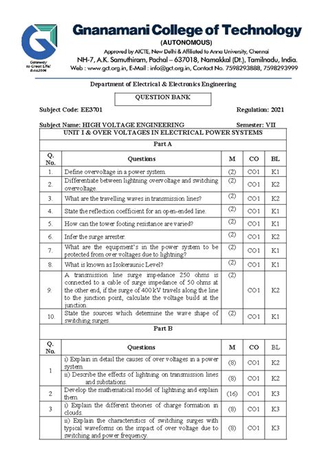 EE3701 - High Voltage Engineering Question Bank - Studocu