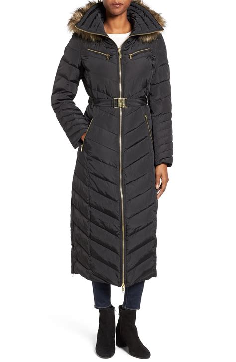 MICHAEL Michael Kors Belted Down & Feather Fill Long Coat with Faux Fur ...