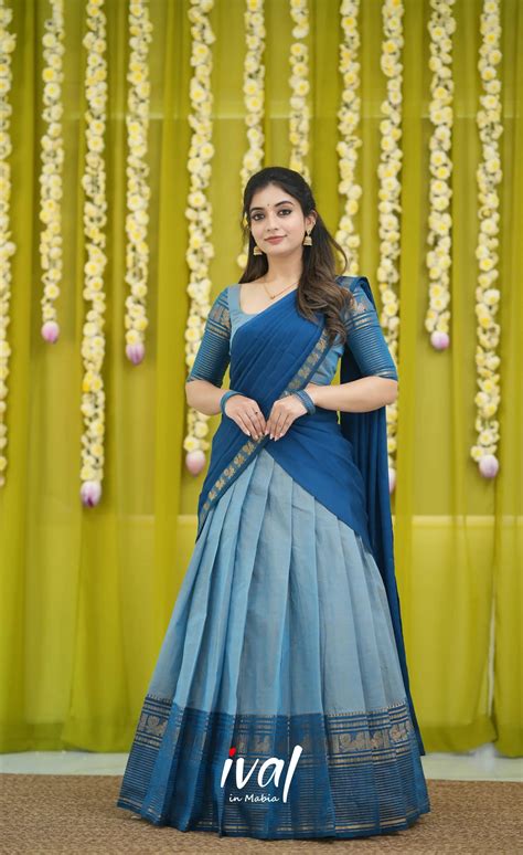 Padmaja Cotton Half Saree - Light Blue and Blue – Ivalinmabia