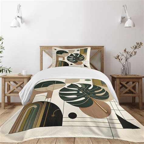 Ambesonne Modern Bedspread Set Monstera Leaf Mid Century Beige Dark ...
