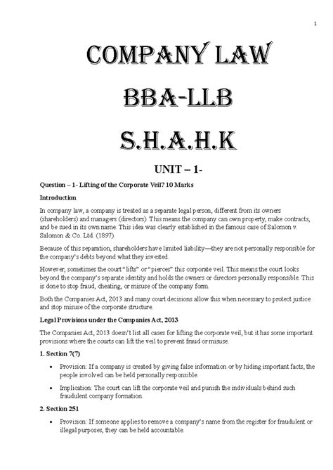 Company Law (S.H.A.H.K) Unit 1: Lifting the Corporate Veil Explained ...