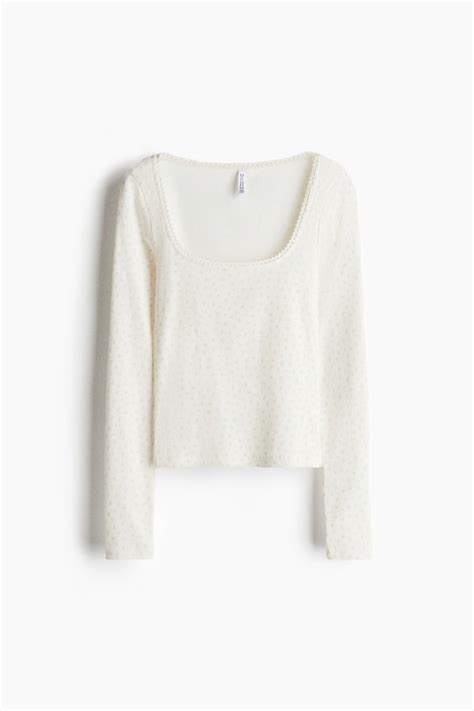 Picot-trimmed cotton top - Cream/Floral - Ladies | H&M IN