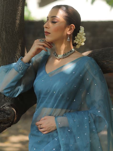 Banarasee Hand-Embroidered Mirror Work Organza Saree With Blouse-Teal