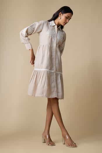 Buy Beige Linen Embroidery Collared, Button-down Neck Blend Shirt Dress ...