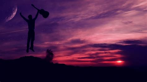 Download wallpaper 2560x1440 man, silhouette, guitar, stars, jump, moon ...