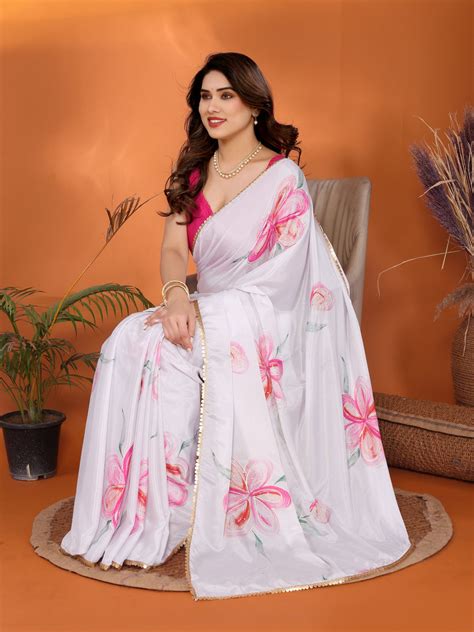 Rani Pink Chinon Chiffon Silk Saree with Foil Work & Elegant Lace Bord ...