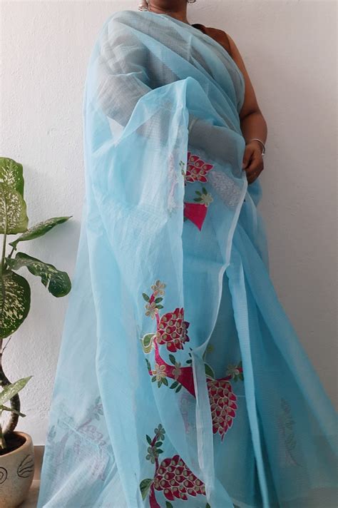 Cotton Kota Doria Saree Crystal Blue Color Embroidered with running ...