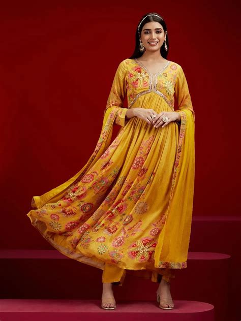 Buy Libas Art Yellow Printed Silk Anarkali Suit With Dupatta Online at ...